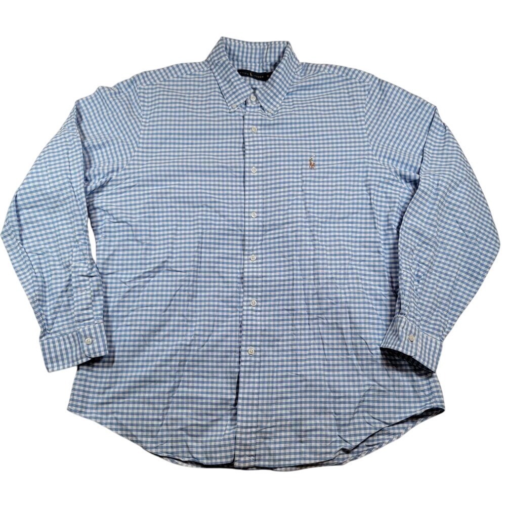 Ralph Lauren Gingham Button Down Dress‎ Shirt Sz XL Blue White Preppy Flesh Pony